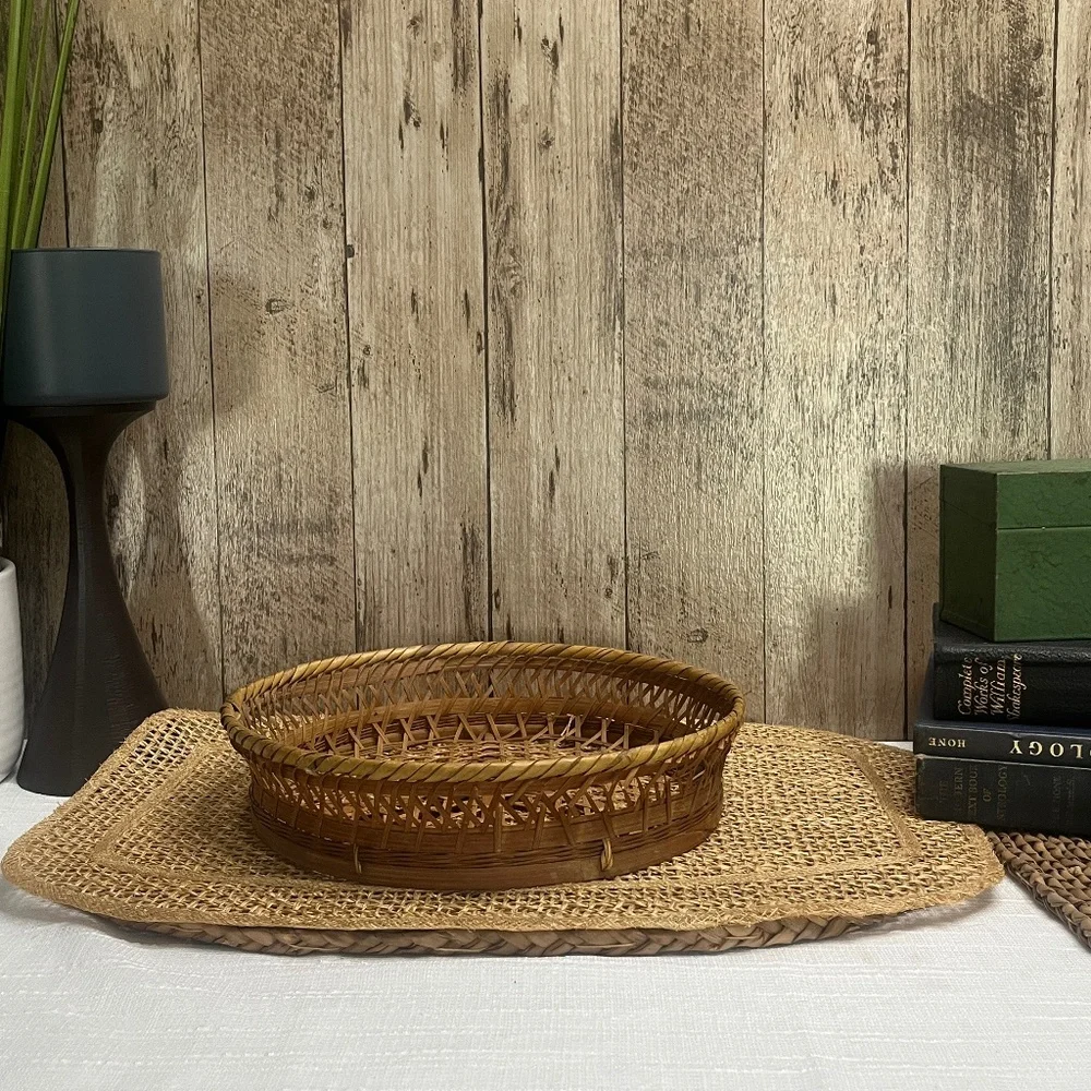 Handwoven Wicker Round Serving Tray Shallow Basket Cottage Core